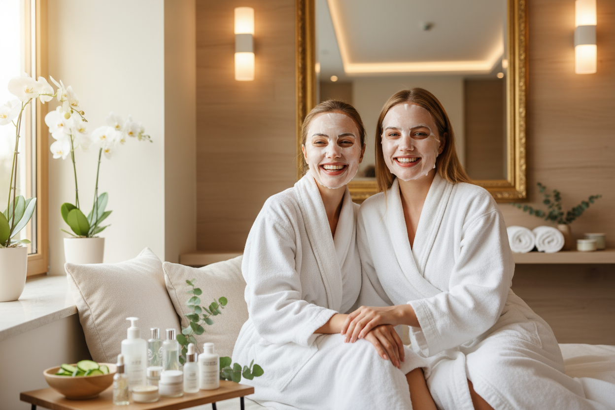 girls wearing collagen masks happy