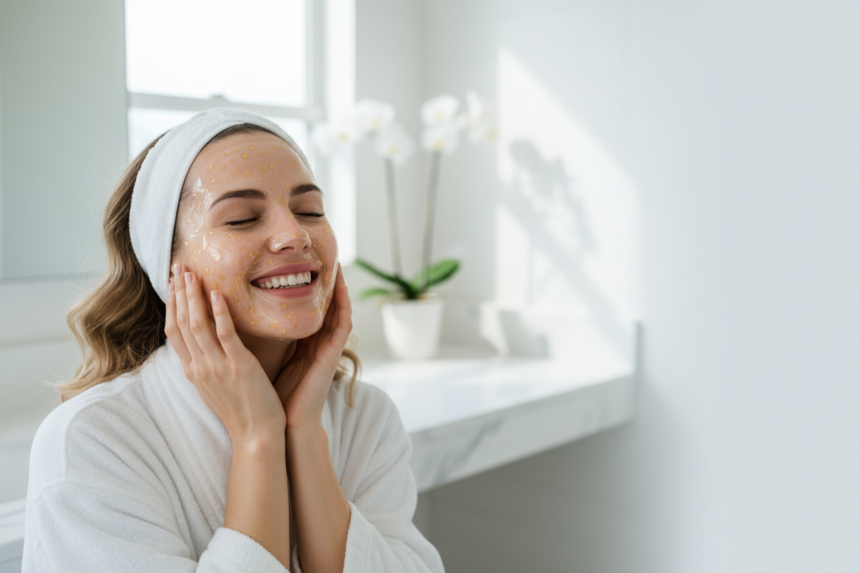 needs to help with the writing being black, women enjoying wearing collagen masks, smiling 