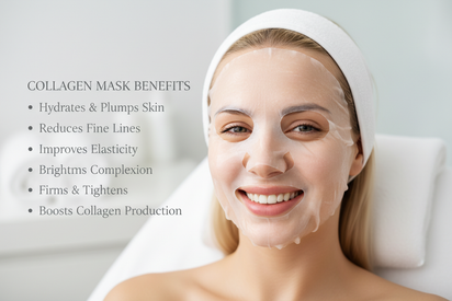 white woman with collagen mask sheet on, smiling, list of collagen mask benefits on side of image