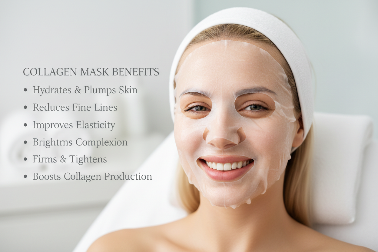 white woman with collagen mask sheet on, smiling, list of collagen mask benefits on side of image