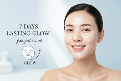Woman smiling with collagen sheet mask on, on the side of image - Korean-Glass Skin look - 7 days lasting glow from just 1 mask - natural looks mimicking botox