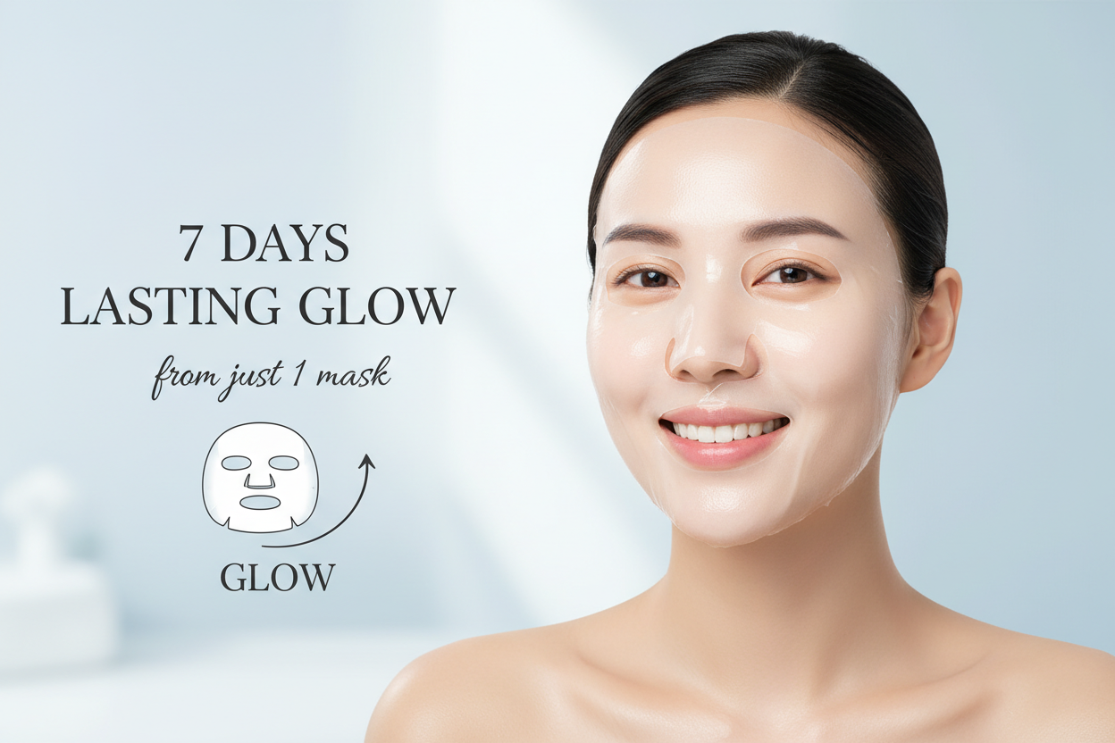Woman smiling with collagen sheet mask on, on the side of image - Korean-Glass Skin look - 7 days lasting glow from just 1 mask - natural looks mimicking botox